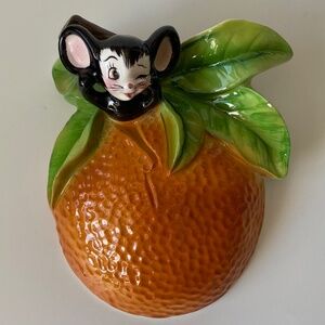 Vintage Mouse and Orange Ceramic ENESCO Wall Pocket, RARE